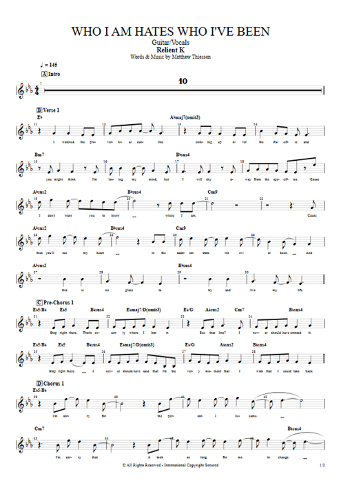 Who I Am Hates Who I've Been Relient K guitar pro tab Vocals Guitar & Vocals mysongbook