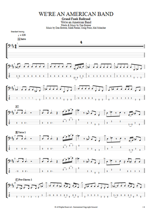 We're an American Band Grand Funk Railroad guitar pro tab EBass Guitars, Bass & Backing Track mysongbook