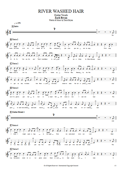 River Washed Hair Zach Bryan guitar pro tab Vocals Guitar & Vocals mysongbook