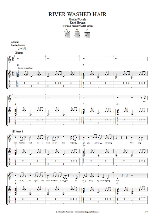 River Washed Hair Zach Bryan guitar pro tab Full Score Guitar & Vocals mysongbook