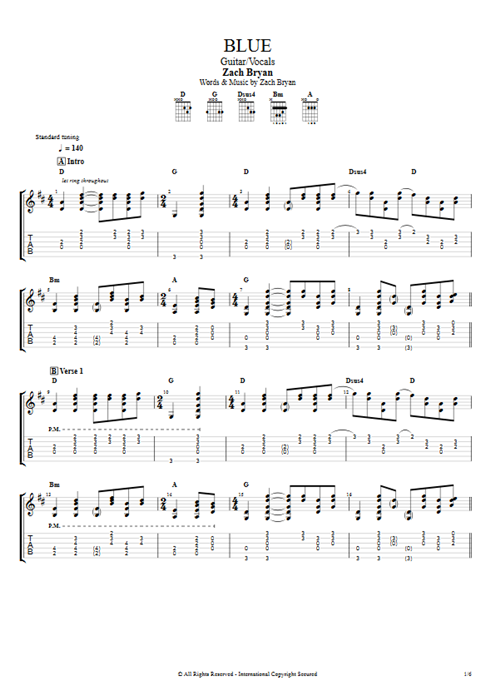 Blue Zach Bryan guitar pro tab AGuitar Guitar & Vocals mysongbook