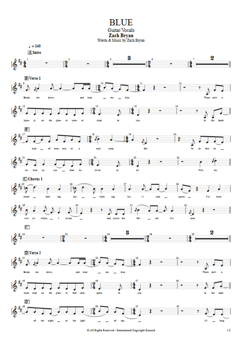 Blue Zach Bryan guitar pro tab Vocals Guitar & Vocals mysongbook