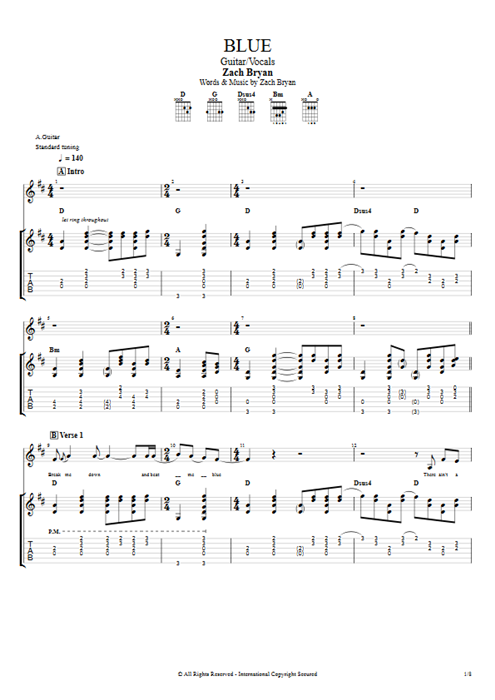 Blue Zach Bryan guitar pro tab Full Score Guitar & Vocals mysongbook
