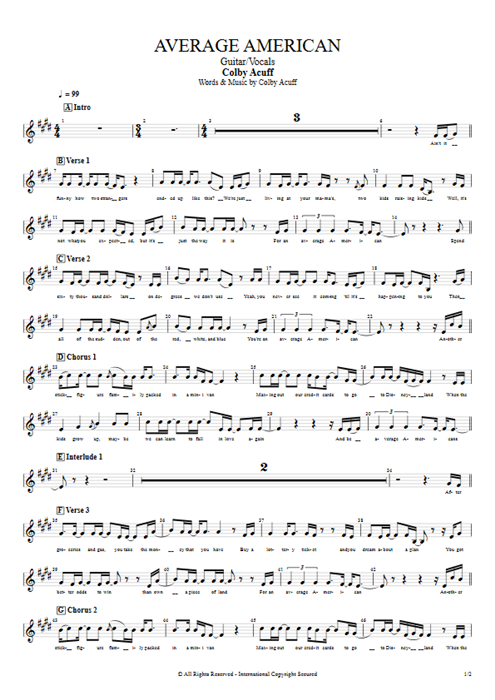 Average American Colby Acuff guitar pro tab Vocals Guitar & Vocals mysongbook