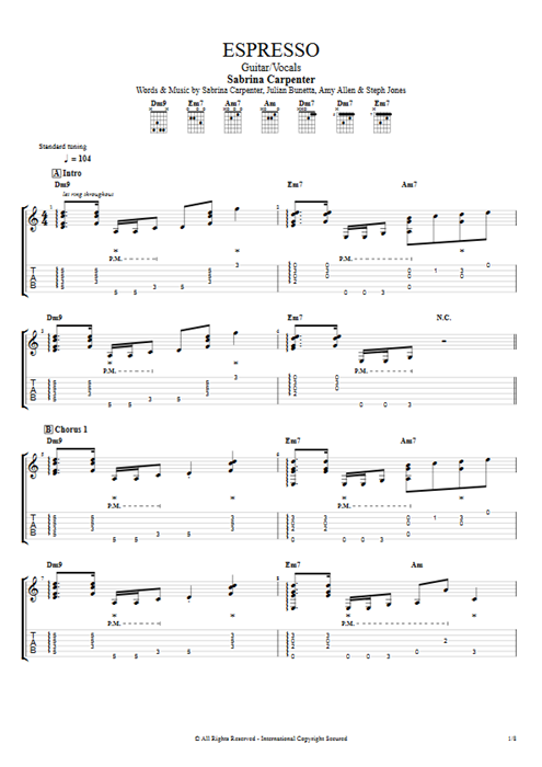 Espresso Sabrina Carpenter guitar pro tab AGuitar Guitar & Vocals mysongbook