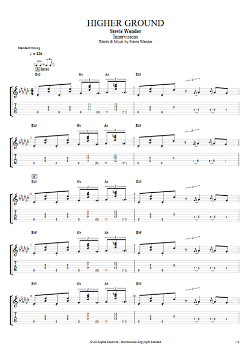 Higher Ground Stevie Wonder guitar pro tab EGuitar Full Score mysongbook