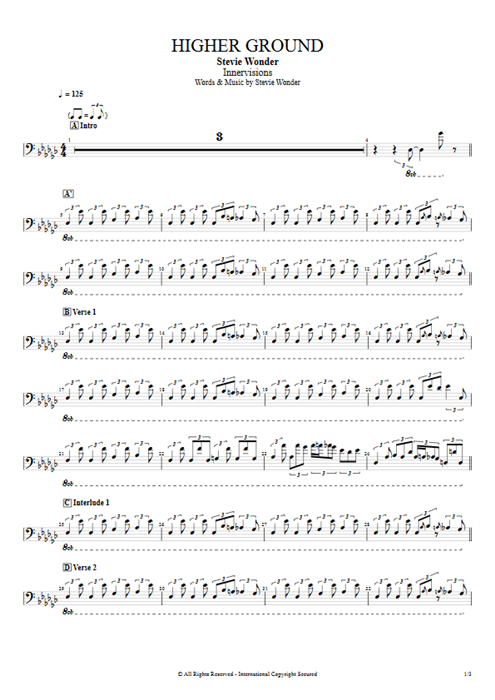 Higher Ground Stevie Wonder guitar pro tab SynthBass Full Score mysongbook