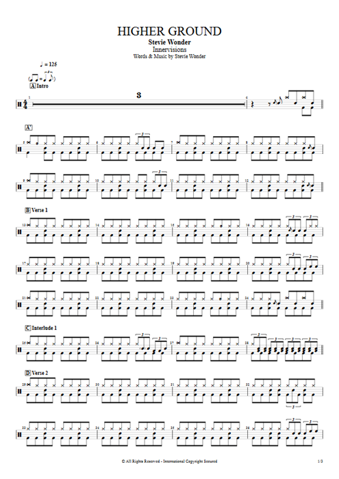 Higher Ground Stevie Wonder guitar pro tab Drums Full Score mysongbook