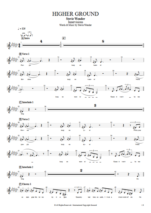Higher Ground Stevie Wonder guitar pro tab Vocals Guitar & Backing Track mysongbook