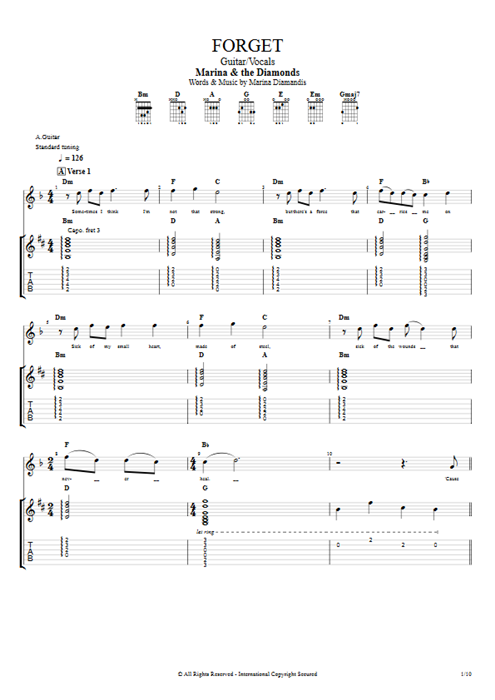 Forget Marina and the Diamonds guitar pro tab Full Score Guitar & Vocals mysongbook
