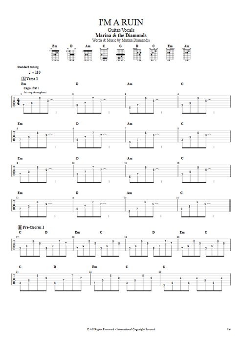 I'm A Ruin Marina and the Diamonds guitar pro tab AGuitar Guitar & Vocals mysongbook