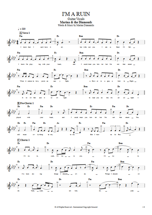 I'm A Ruin Marina and the Diamonds guitar pro tab Vocals Guitar & Vocals mysongbook