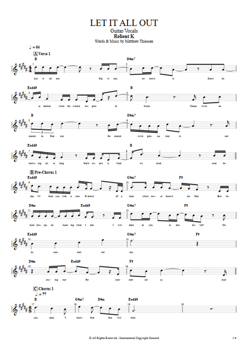 Let it All Out Relient K guitar pro tab Vocals Guitar & Vocals mysongbook