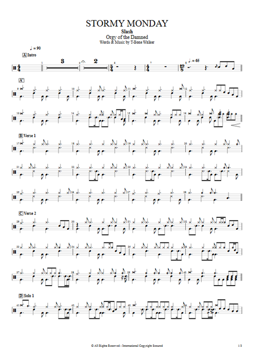 Stormy Monday Slash guitar pro tab Drums Full Score mysongbook