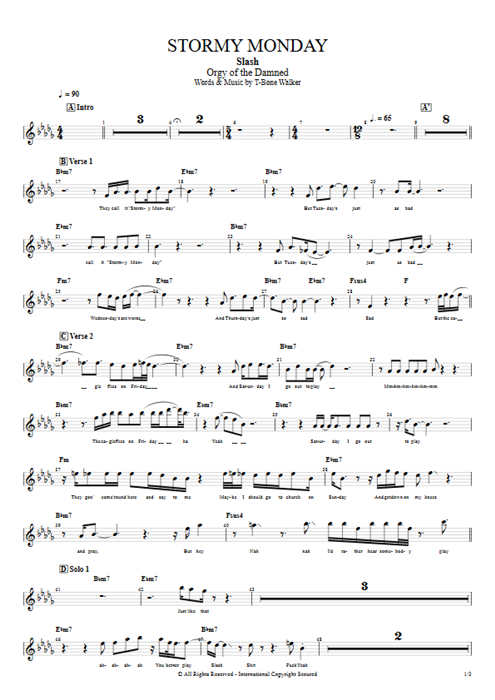 Stormy Monday Slash guitar pro tab Vocals Full Score mysongbook