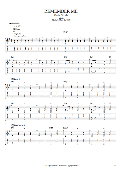 Remember Me UMI guitar pro tab AGuitar Guitar & Vocals mysongbook