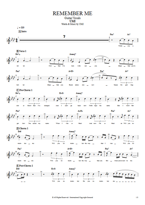 Remember Me UMI guitar pro tab Vocals Guitar & Vocals mysongbook