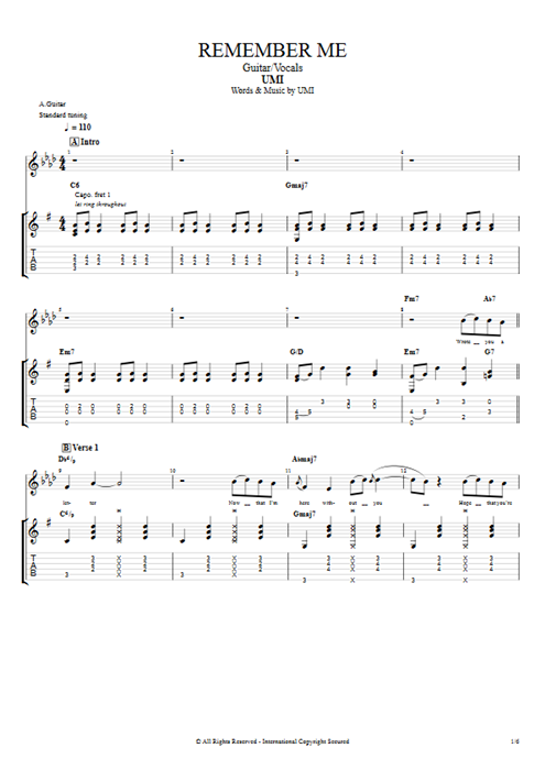 Remember Me UMI guitar pro tab Full Score Guitar & Vocals mysongbook