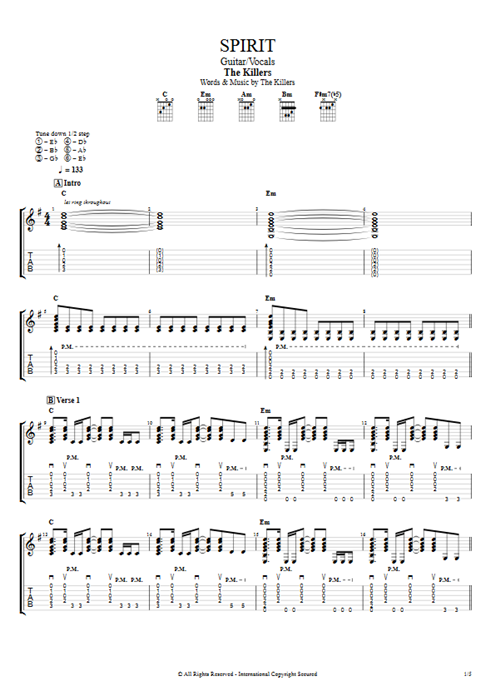 Spirit The Killers guitar pro tab AGuitar Guitar & Vocals mysongbook