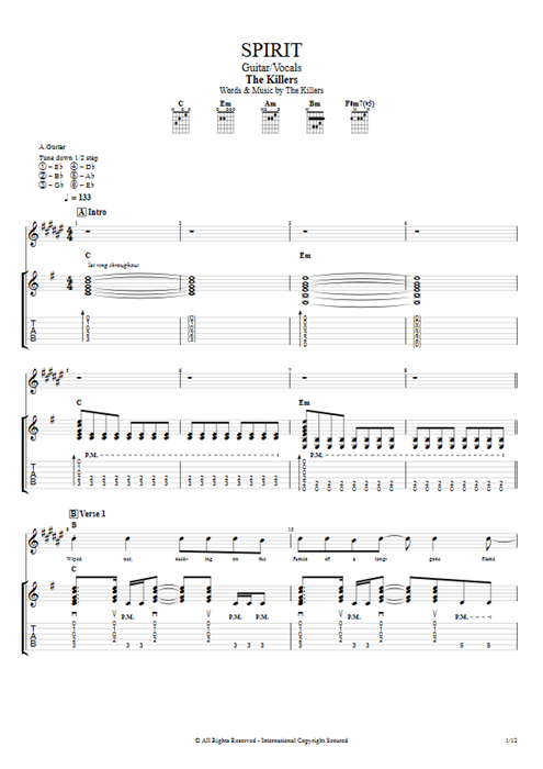 Spirit The Killers guitar pro tab Full Score Guitar & Vocals mysongbook