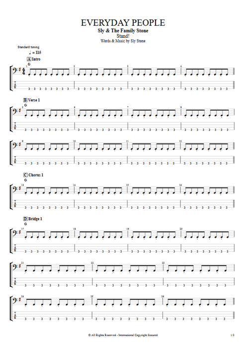 Everyday People Sly and the Family Stone guitar pro tab EBass Full Score mysongbook