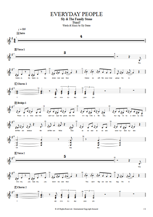 Everyday People Sly and the Family Stone guitar pro tab BackVoc Full Score mysongbook