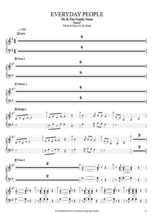 Everyday People Sly and the Family Stone guitar pro tab Brass Full Score mysongbook