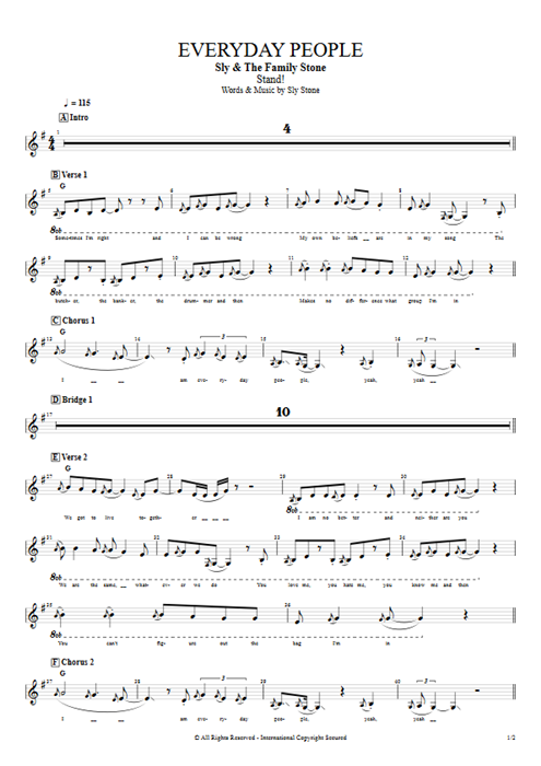 Everyday People Sly and the Family Stone guitar pro tab Vocals Guitars, Bass & Backing Track mysongbook