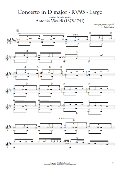 Concert in D major RV93 - 2 Largo Antonio Vivaldi guitar pro tab Solo Guitar Solo Guitar mysongbook