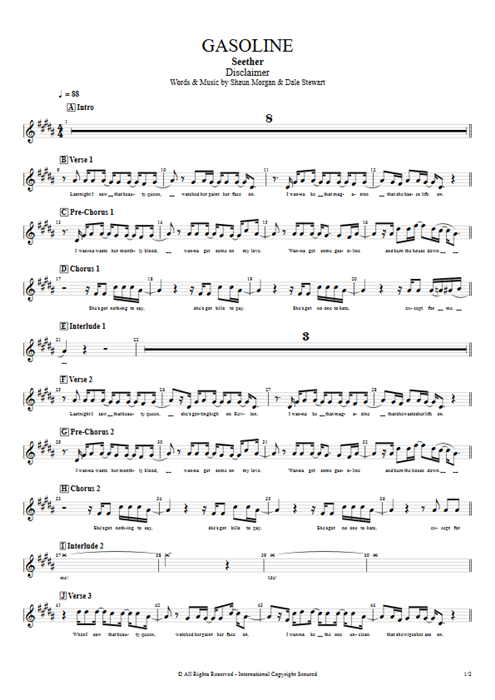 Gasoline Seether guitar pro tab Vocals Full Score mysongbook