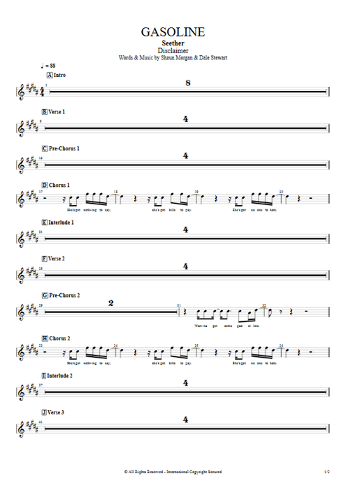 Gasoline Seether guitar pro tab BackVoc Full Score mysongbook