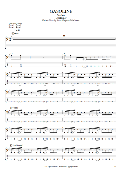 Gasoline Seether guitar pro tab EBass Guitars, Bass & Backing Track mysongbook