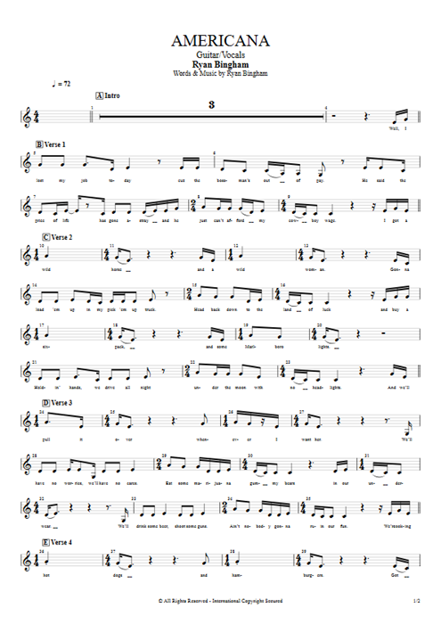 Americana Ryan Bingham guitar pro tab Vocals Guitar & Vocals mysongbook