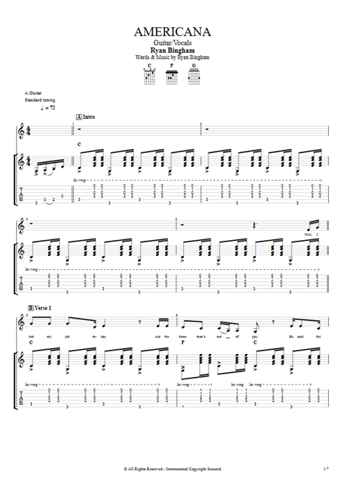 Americana Ryan Bingham guitar pro tab Full Score Guitar & Vocals mysongbook