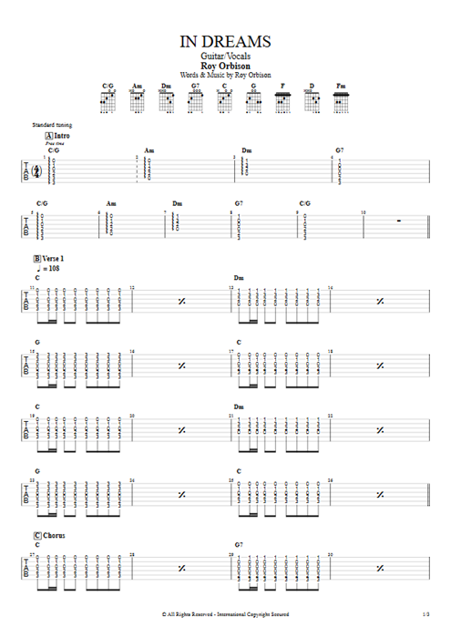 In Dreams Roy Orbison guitar pro tab AGuitar Guitar & Vocals mysongbook