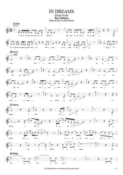 In Dreams Roy Orbison guitar pro tab Vocals Guitar & Vocals mysongbook