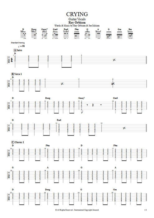 Crying Roy Orbison guitar pro tab AGuitar Guitar & Vocals mysongbook