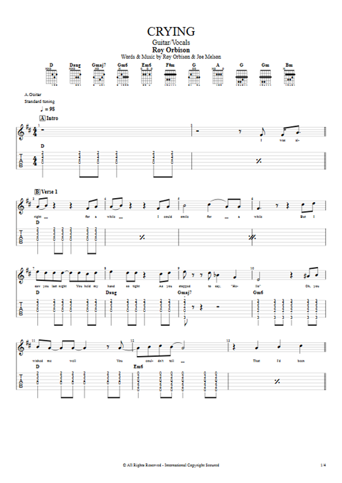 Crying Roy Orbison guitar pro tab Full Score Guitar & Vocals mysongbook
