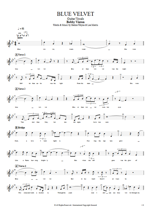 Blue Velvet Bobby Vinton guitar pro tab Vocals Guitar & Vocals mysongbook