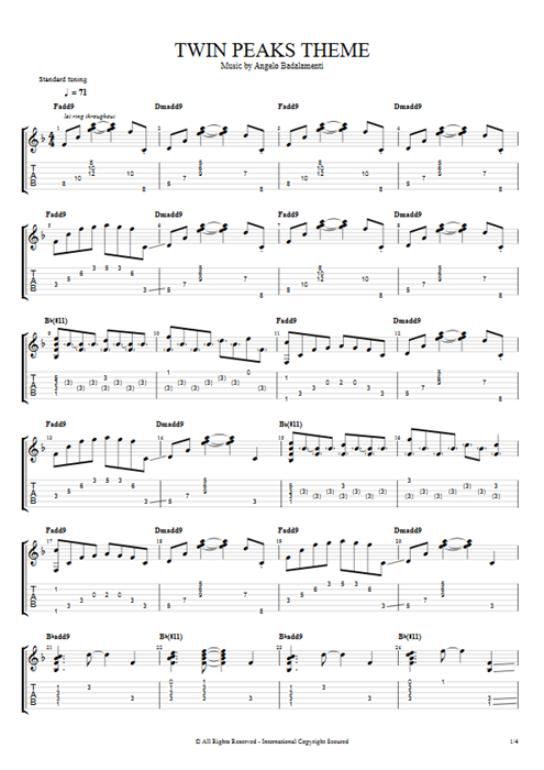 Twin Peaks Theme Angelo Badalamenti guitar pro tab AGuitar Solo Guitar mysongbook