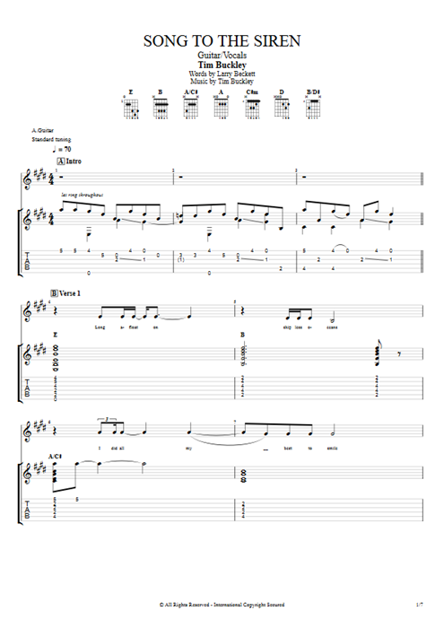 Song to the Siren Tim Buckley guitar pro tab Full Score Guitar & Vocals mysongbook
