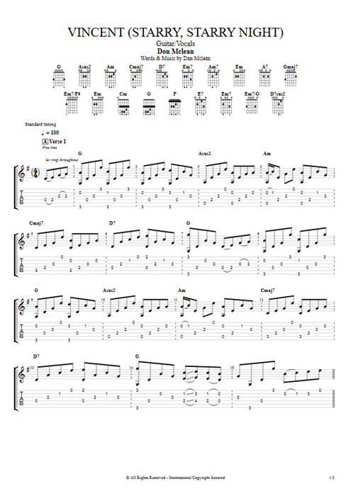 Vincent (Starry, Starry Night) Don McLean guitar pro tab Guitar Guitar & Vocals mysongbook