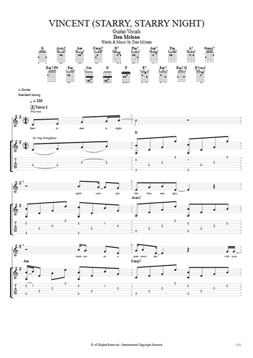 Vincent (Starry, Starry Night) Don McLean guitar pro tab Full Score Guitar & Vocals mysongbook