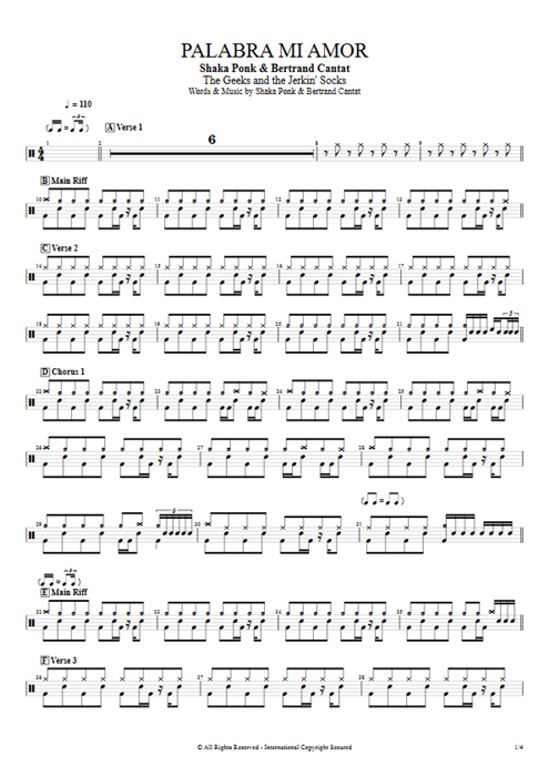 Palabra mi amor Shaka Ponk guitar pro tab Drums Full Score mysongbook
