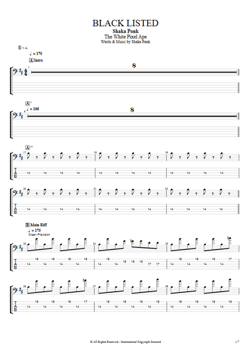 Black Listed Shaka Ponk guitar pro tab EBass Full Score mysongbook