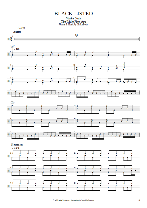 Black Listed Shaka Ponk guitar pro tab Drums Full Score mysongbook