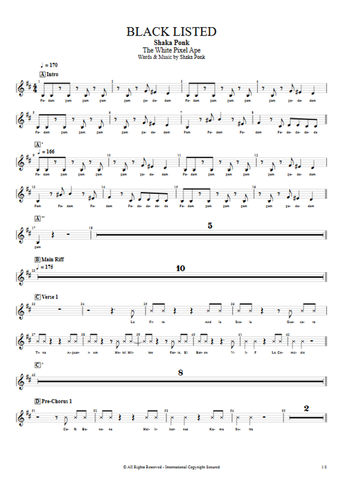 Black Listed Shaka Ponk guitar pro tab VocalsI Full Score mysongbook