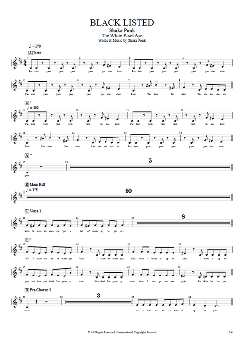 Black Listed Shaka Ponk guitar pro tab VocalsII Full Score mysongbook