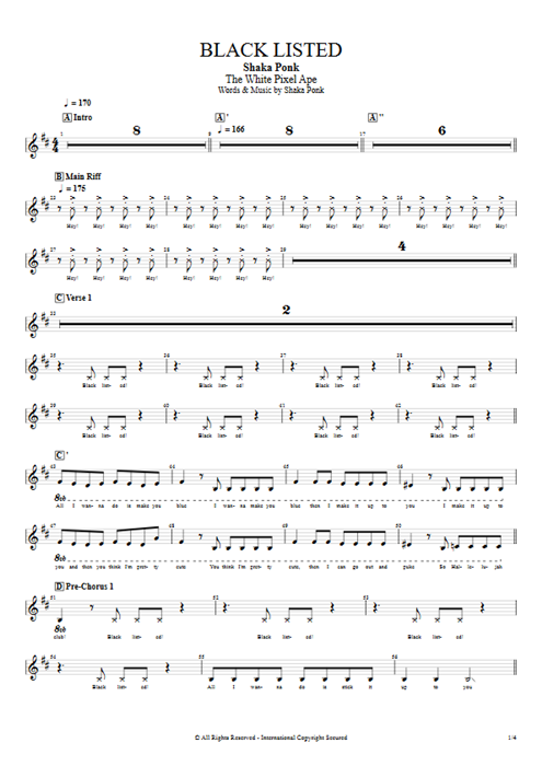 Black Listed Shaka Ponk guitar pro tab BackVocI Full Score mysongbook