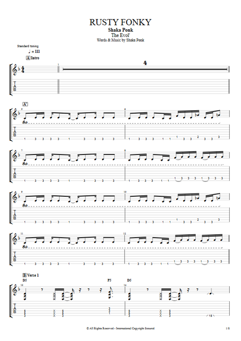 Rusty Fonky Shaka Ponk guitar pro tab EGuitarII Full Score mysongbook